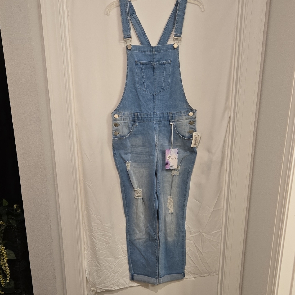 YMI Light Blue Distressed Denim Jean Jumpsuit